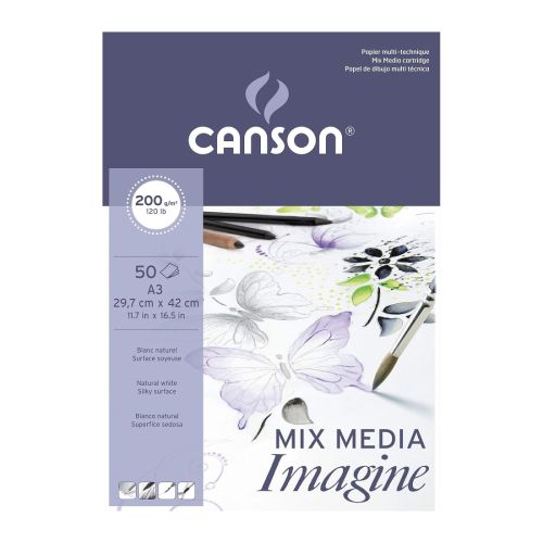 Скицник CANSON Mixed Media Imagine, за мокри и сухи техники, A3, 200 г/кв.м, light grain, 50 л. 1