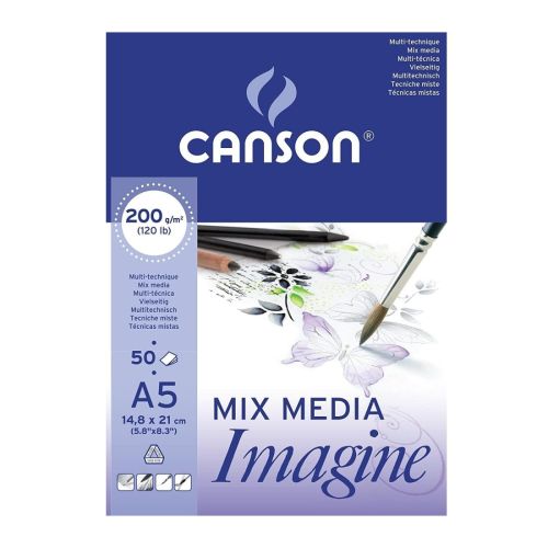 Скицник CANSON Mixed Media Imagine, за мокри и сухи техники, A5, 200 г/кв.м, light grain, 50 л. 1