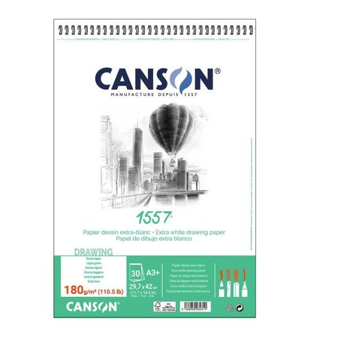 Скицник със спирала CANSON 1557, за молив, въглен, пастел, мастило, A4+,180 г/кв.м, light grain,30 л 1