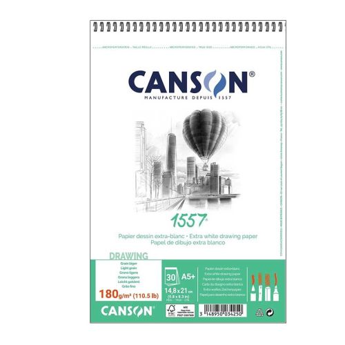 Скицник със спирала CANSON 1557, за молив, въглен, пастел, мастило, A5+,180 г/кв.м, light grain,30 л 1