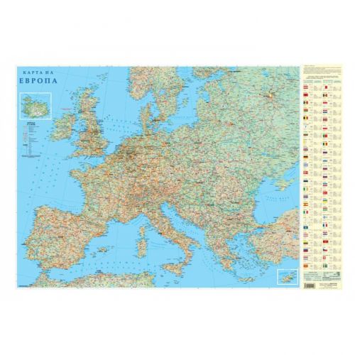 Стенна карта на Европа, физикогеографска, с алуминиеви лайсни , 100 х 70 см, мащаб 1:4 500 000 — Joya.bg
