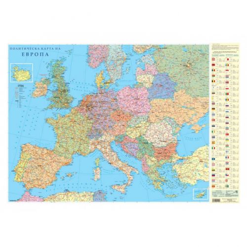 Стенна карта на Европа, политическа, с алуминиеви лайсни, 100 х 70 см, мащаб 1:4 500 00 — Joya.bg