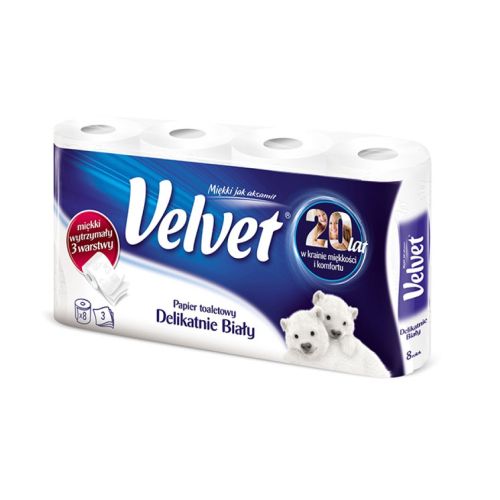 Тоалетна хартия Velvet Delicate White на ролка, 3 пласта, бяла, 150 къса, опаковка 8 бр. 1