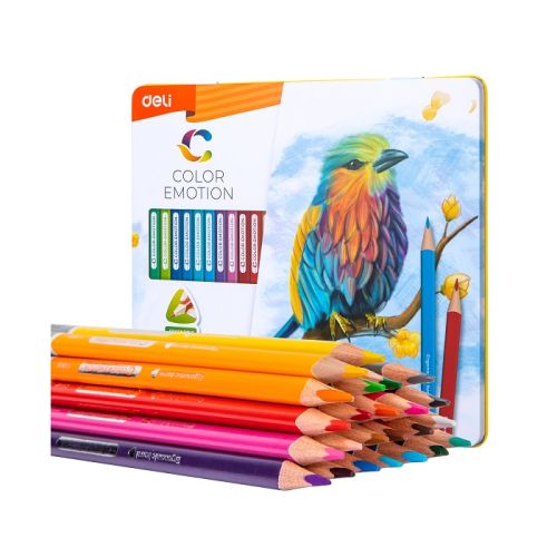 Цветни моливи Deli Color Emotion EC00225, триъгълно тяло, 24 цвята, в метална кутия 1