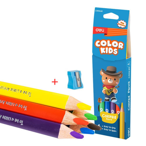 Цветни моливи Deli Color Kids EC00660, джъмбо триъгълно тяло, 6 цвята + острилка 1