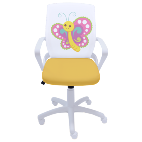Ученически стол Fly White Butterfly, дамаска и мрежа, бяла РР база, фиксирани подлакътници, жълт 1