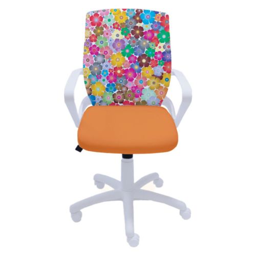 Ученически стол Fly White Flowers, дамаска и мрежа, бяла РР база, фиксирани подлакътници, оранжев 1