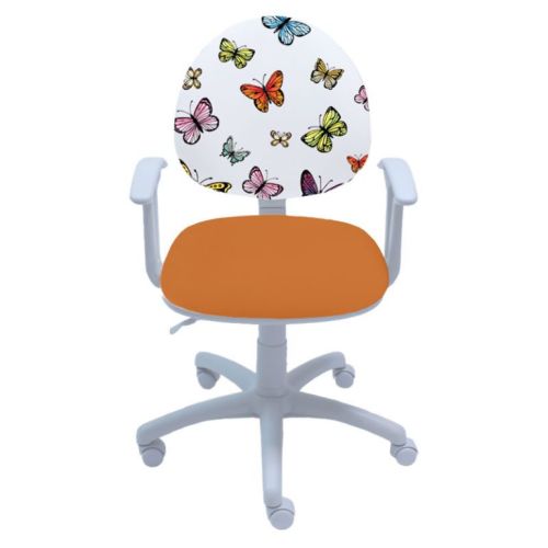 Ученически стол Smart White Butterfly, дамаска, бяла РР база, фиксирани подлакътници, оранжев 1