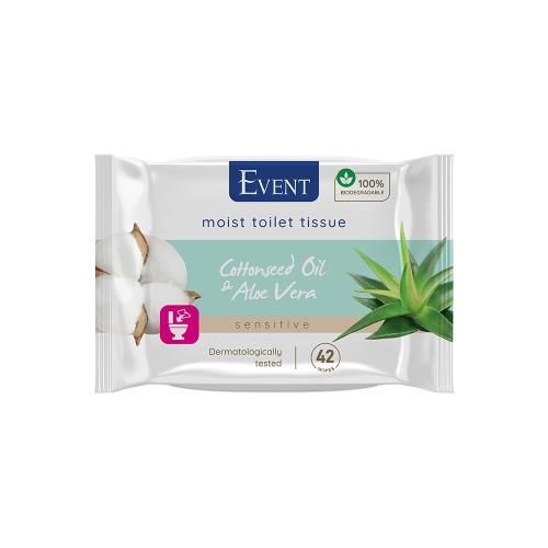 Влажна тоалетна хартия Event, памук и алое вера, биоразгрдима, бяла, 42 къса
