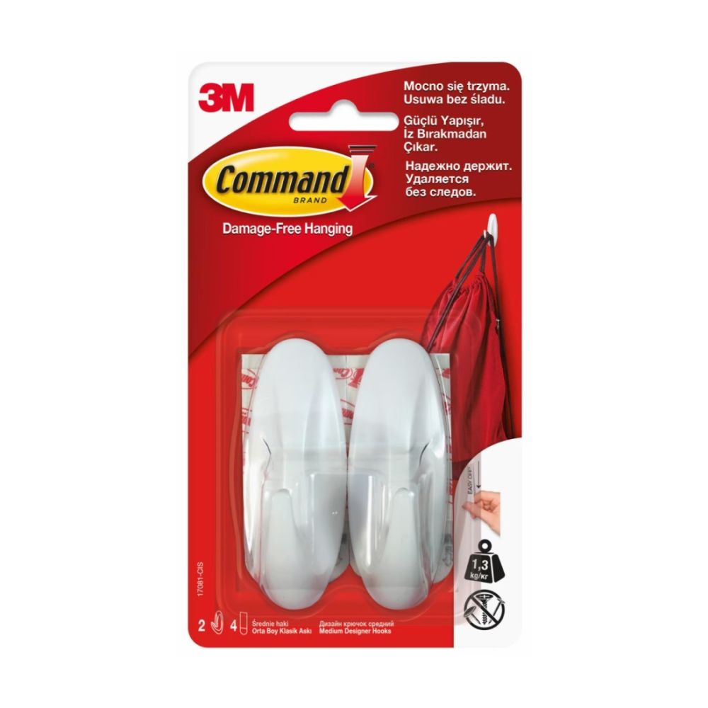 Куки за окачване 3М Command™ 17081-CEE, Medium, 80x29x30 мм, 2 куки, 4 ленти, бели