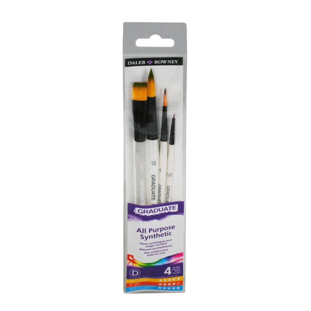 Комплект 4 четки за акварел DALER-ROWNEY Graduate , изк. косъм, Round №5/0, №4, №10, Flat Wash 1/2"
