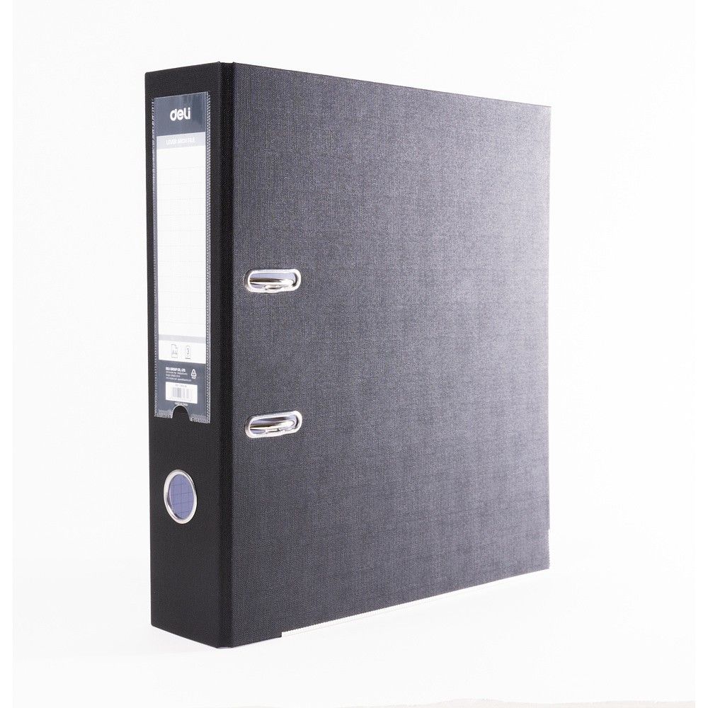 Класьор Deli, РР, A4, 75 мм, метален кант, сменяем етикет, черен