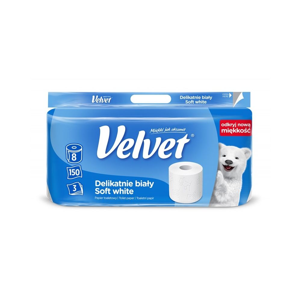 Тоалетна хартия Velvet Delicate White на ролка, 3 пласта, бяла, 150 къса, опаковка 8 бр.