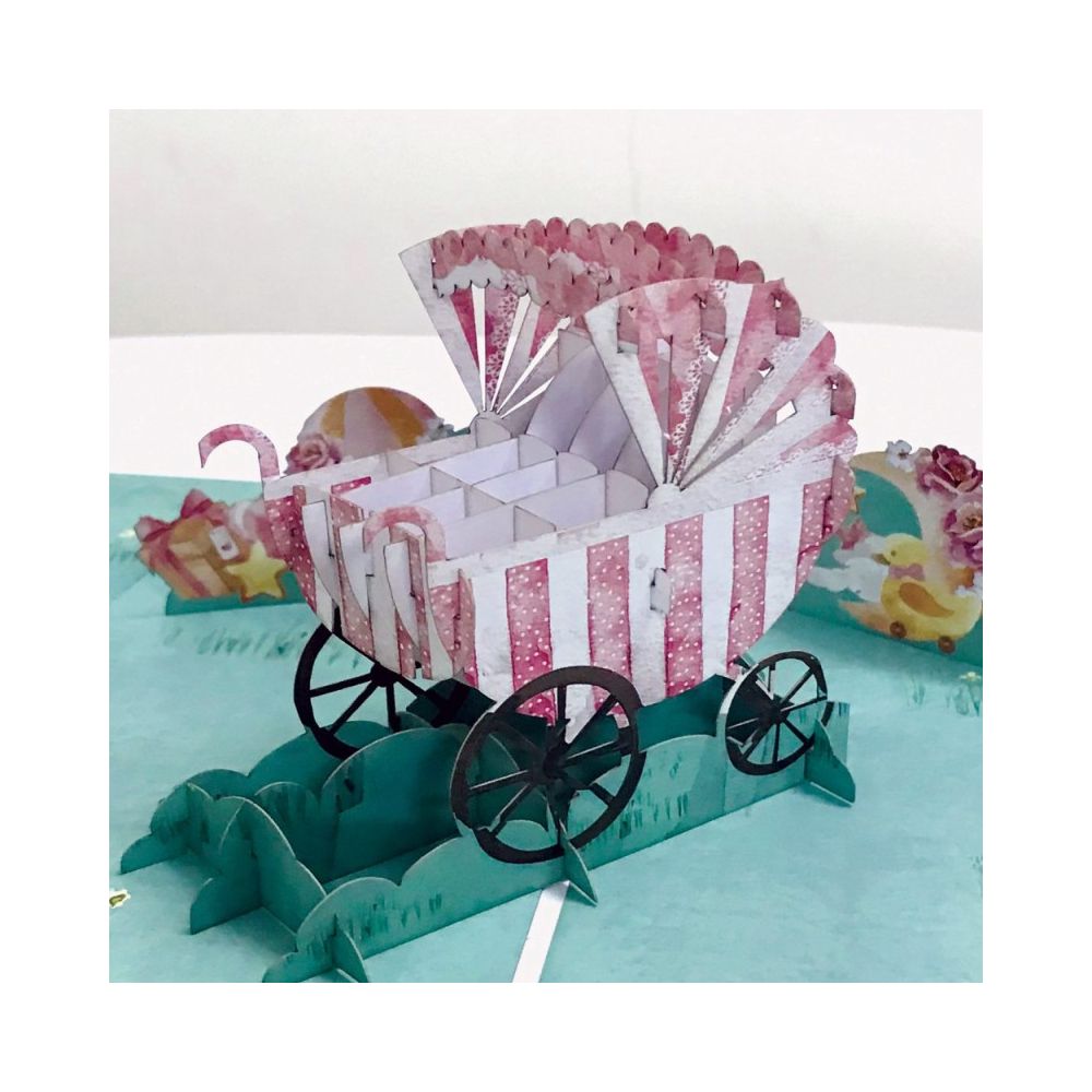 3D Pop-up поздравителна картичка Origami за раждане на момиче, розова количка, 120 х 170 мм