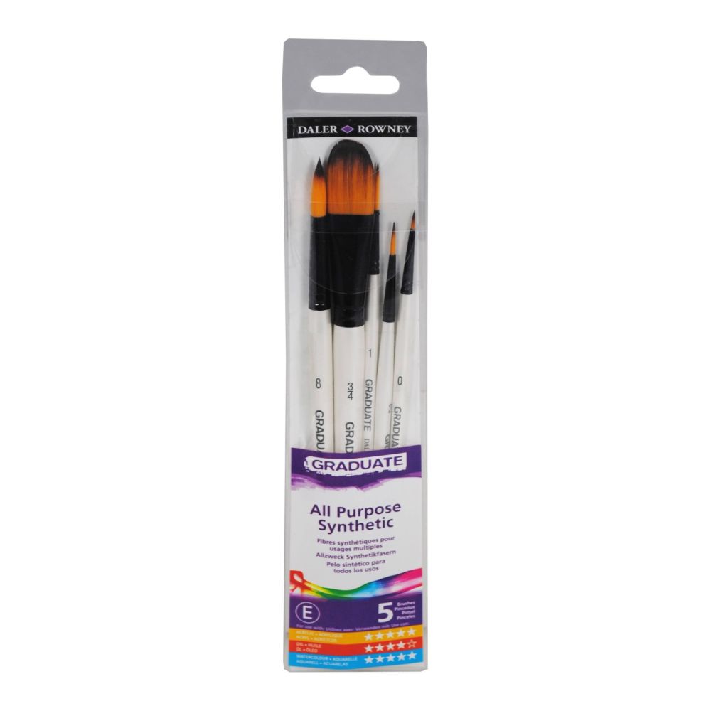 Комплект 5 четки за акварел DALER-ROWNEY Graduate, изк. косъм, Round№0,№2,№8, Rigger№1,OvalWash 3/4"