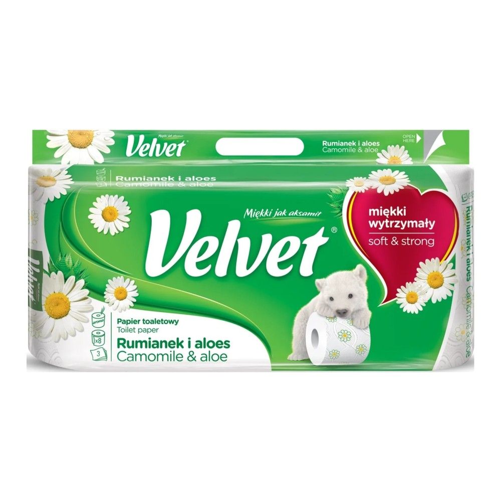 Тоалетна хартия на ролка Velvet лайка и алое вера, 3 пласта, ароматизирана, 150 къса/ролка, 8 бр.
