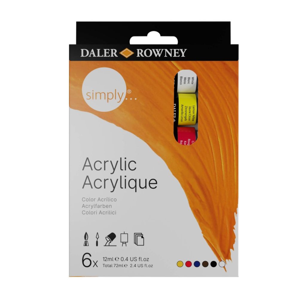 Комплект акрилни бои DALER-ROWNEY Simply, в тубички, 6 цвята х 12 мл