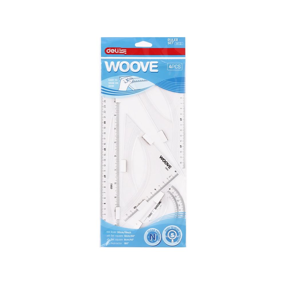 Комплект Deli Woove EH13, линия 30 см, 2 триъгълника и транспортир, сини Комплект Deli Woove EH13, линия 30 см, 2 триъгълника и транспортир, сини