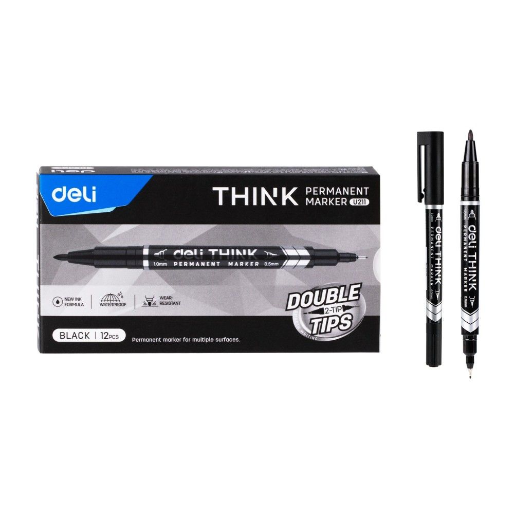 Двувърх перманентен маркер Deli think EU211-BK, 0.5 мм/1 мм, черен
