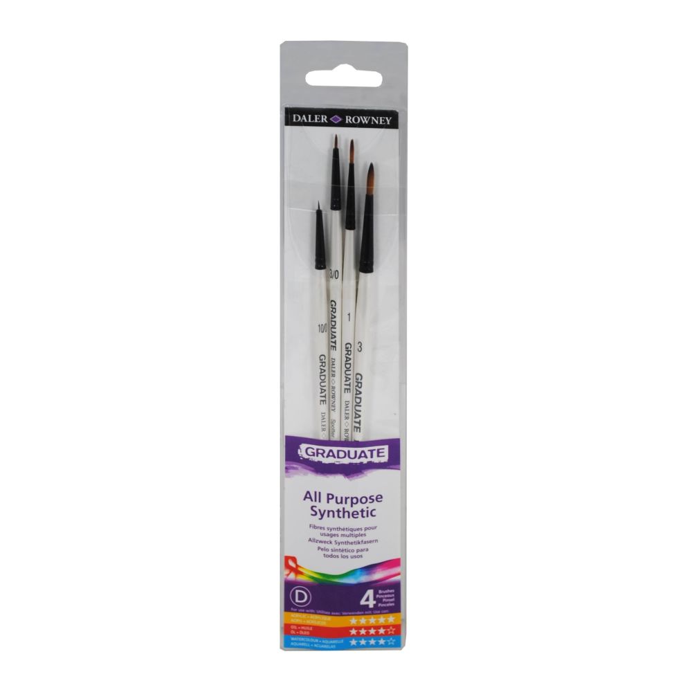 Комплект 4 четки за детайли DALER-ROWNEY Graduate, изк. косъм, Spotter №10/0 и №3/0, Round №1,№3