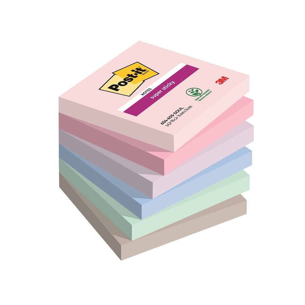 Самозалепващи листчета Post-it Super Sticky Soulful, 76х76 мм, 6х90 л., микс, PEFC хартия Самозалепващи листчета Post-it Super Sticky Soulful, 76х76 мм, 6х90 л., микс, PEFC хартия