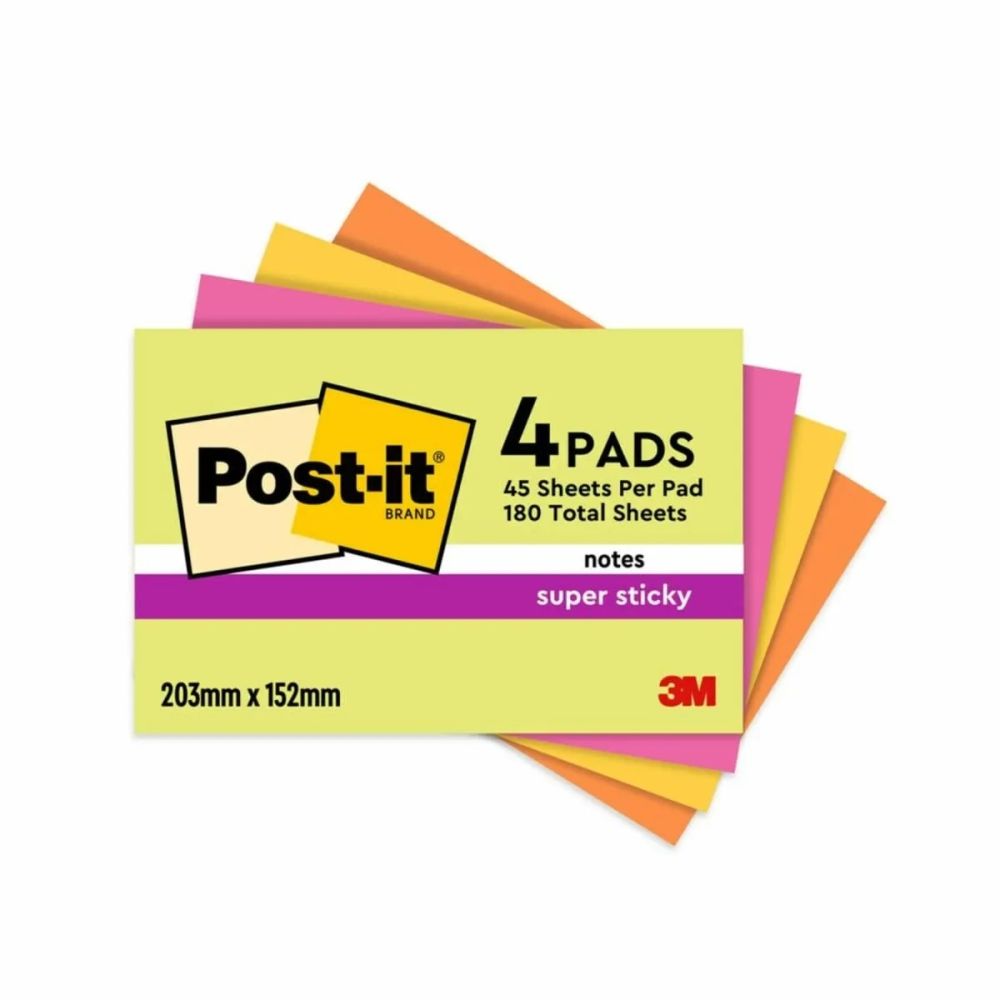 Самозалепващи листчета Post-it SuperSticky, 203х152 мм, 4x45л., микс, неонови, PEFC хартия