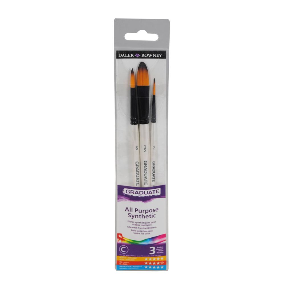 Комплект 3 четки за акварел DALER-ROWNEY Graduate, изк. косъм, Rigger №2, Round №6, Oval Wash 1/2"