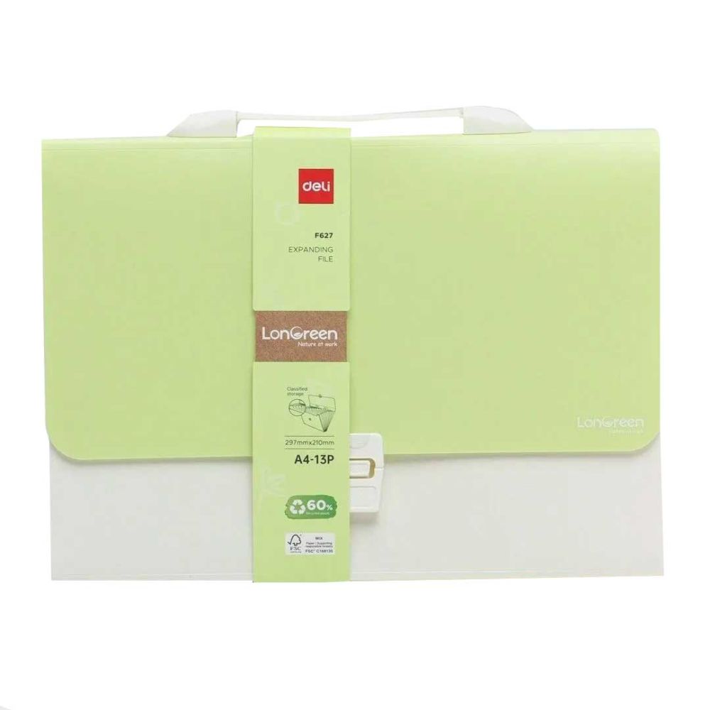 Чанта за документи Deli LonGreen, EF627, 13 отделения и индекси, PP, зелена Чанта за документи Deli LonGreen, EF627, 13 отделения и индекси, PP, зелена