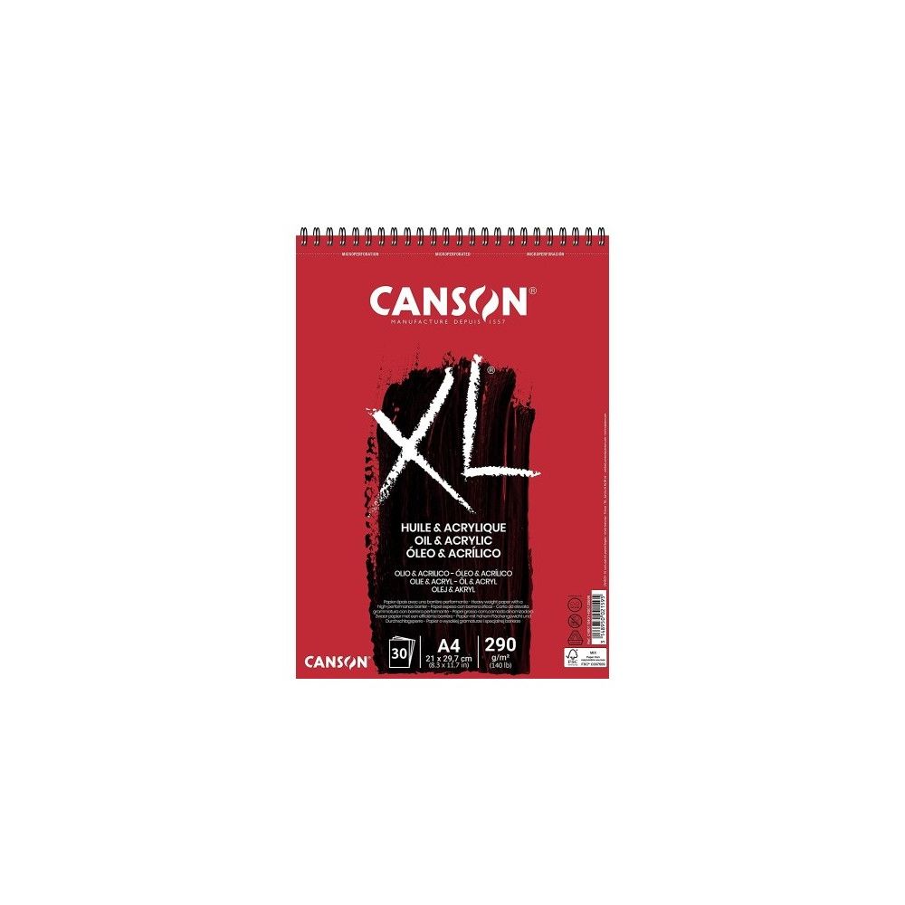 Скицник със спирала CANSON XL Acrylique, за мокри техники, A4, 300 г/кв.м, canvas grain, 30 л.