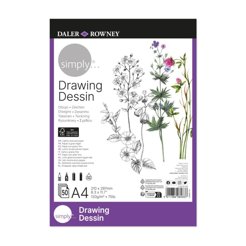 Скицник за сухи техники DALER-ROWNEY Simply Drawing, А4, 120 г/кв.м, твърди корици, 50 л.
