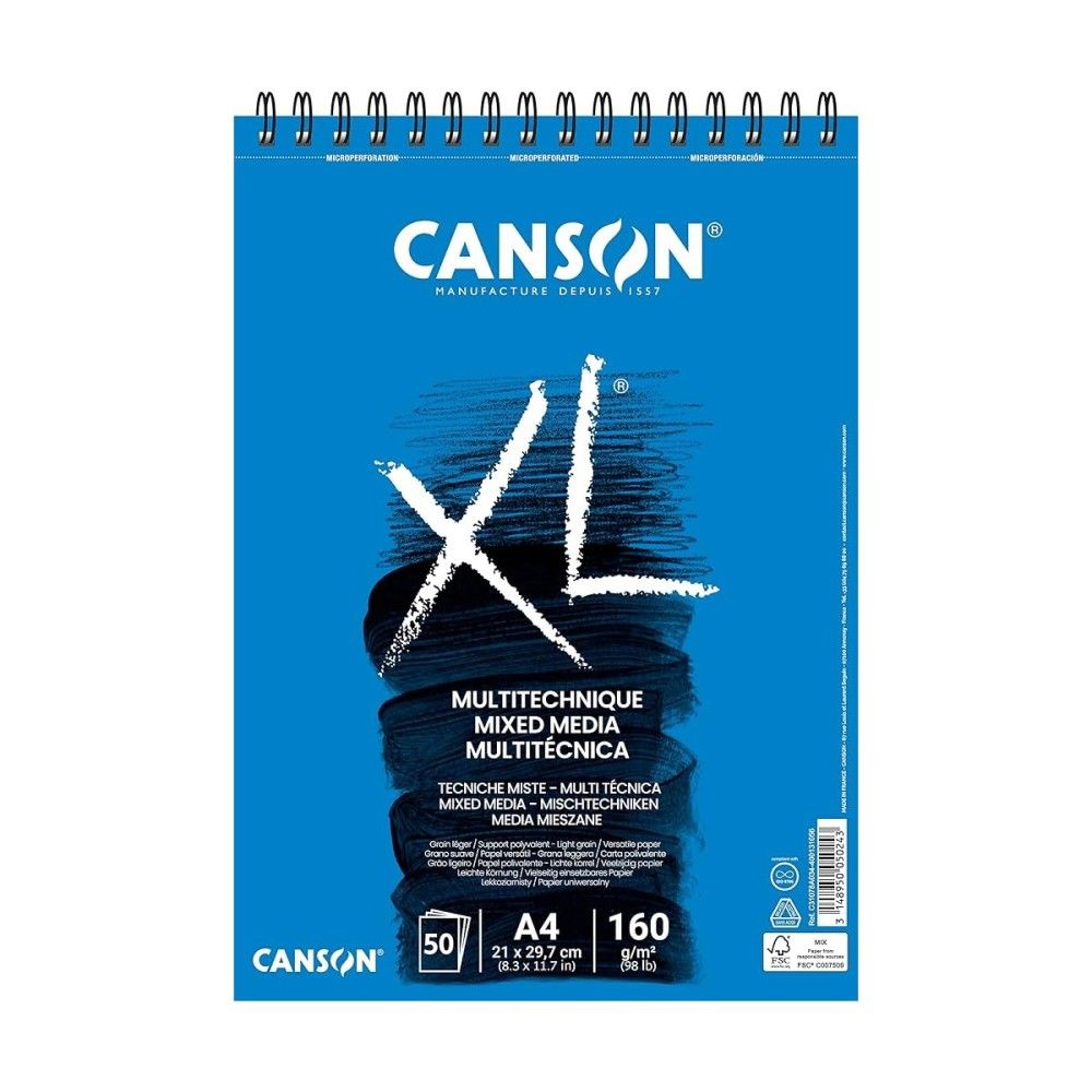 Скицник със спирала CANSON XL Mixed Media, за смесени техники, A4, 160 г/кв.м, light grain, 50 л.