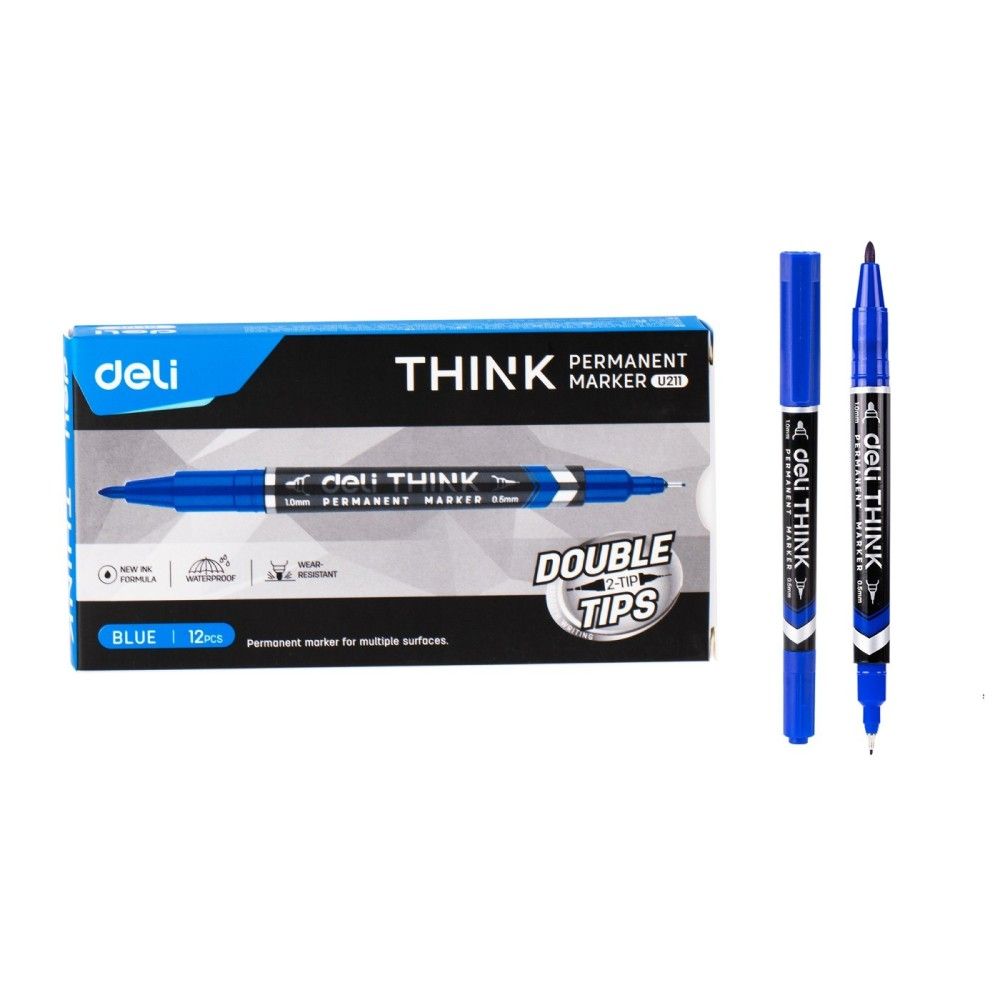 Двувърх перманентен маркер Deli think EU211-BL, 0.5 мм/1 мм, син