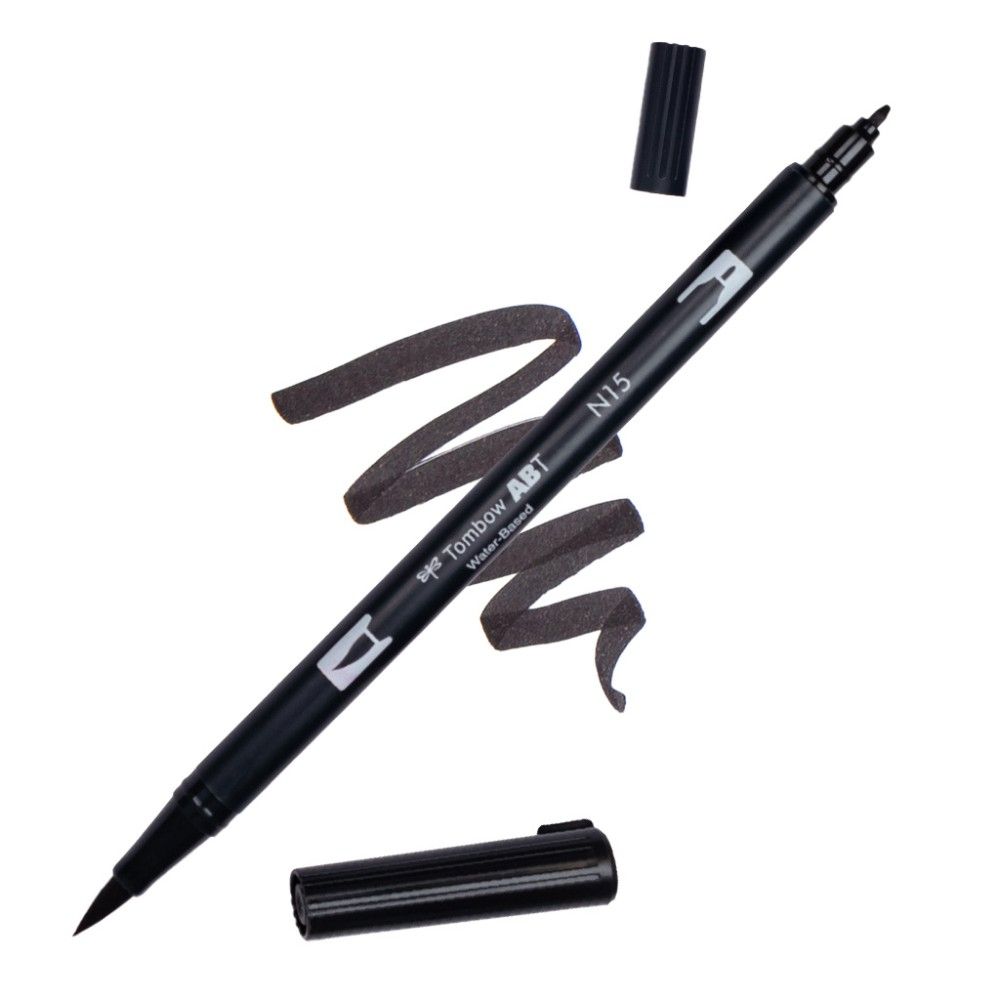 Aкварелен двувърх маркер Tombow ABT Dual Brush, четка 3.5 мм, връх 0.8 мм, N15 black