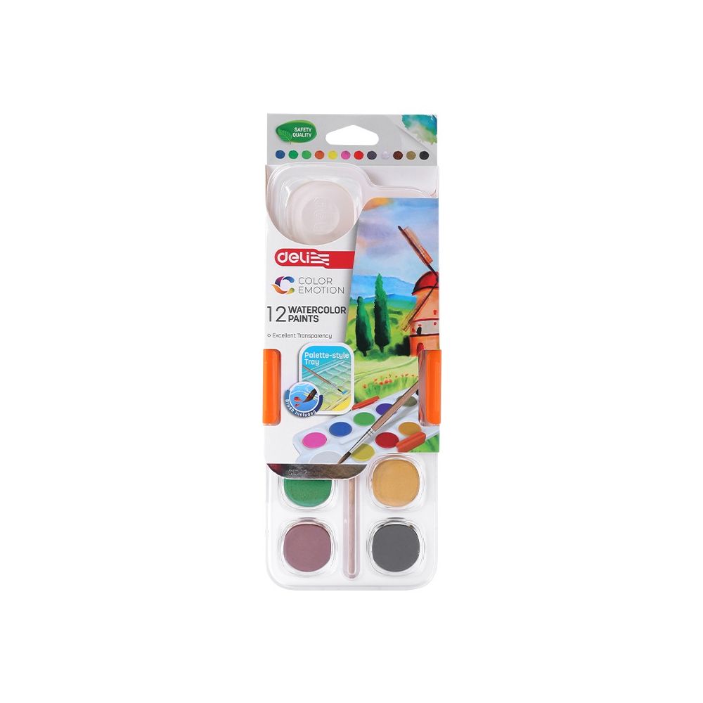 Акварелни бои Deli Color Emotion EC10-12, ф 28 мм, ф 40 мм бял цвят, 12 цвята + четка