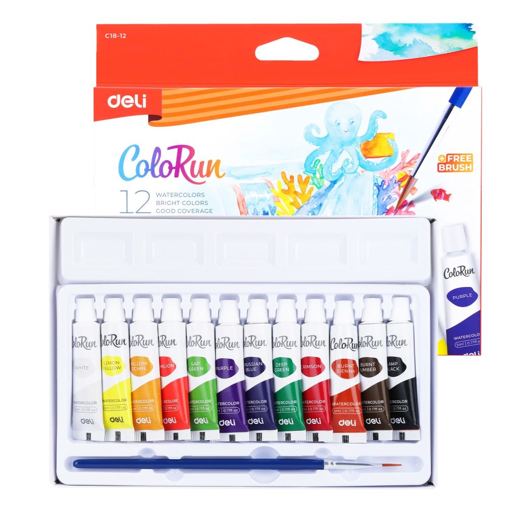 Акварелни бои Deli Colorun EC18-12, в тубички 5 мл, 12 цвята + четка