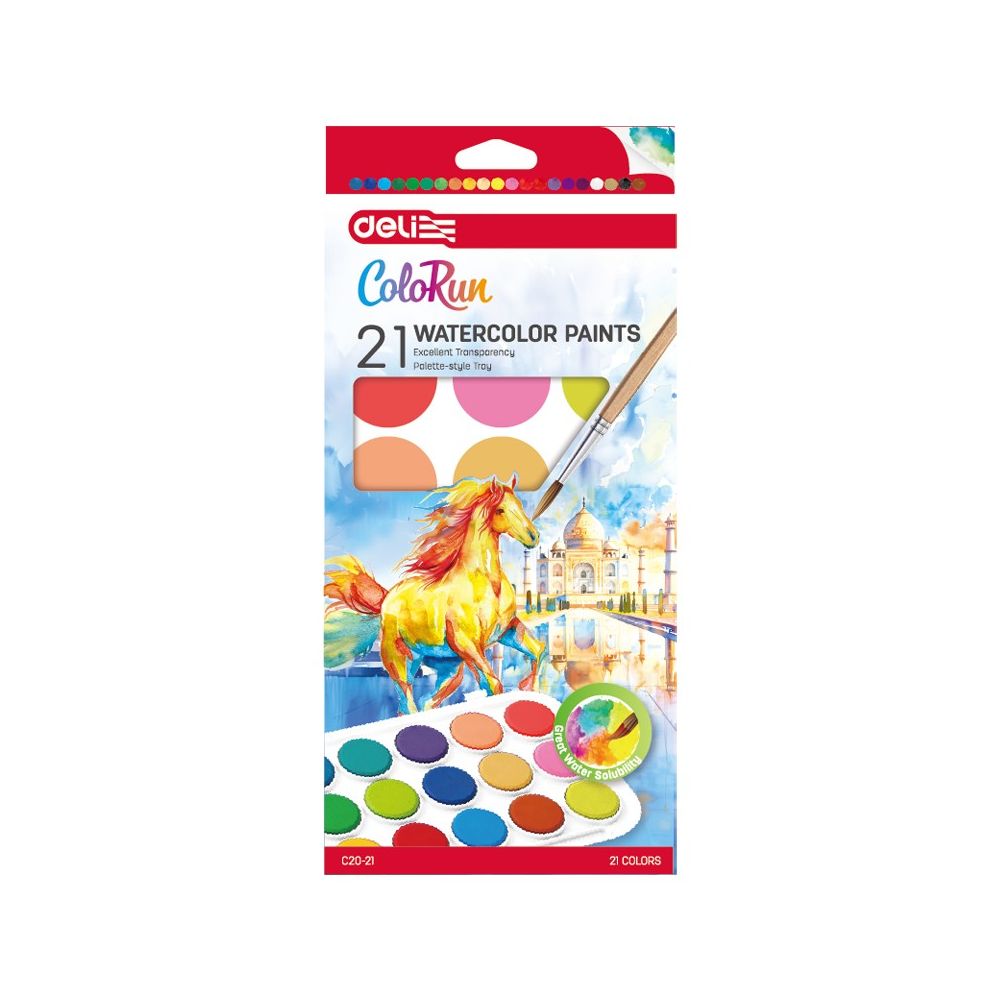 Акварелни бои Deli ColoRun EC20-21, ф 28 мм, 21 цвята + четка