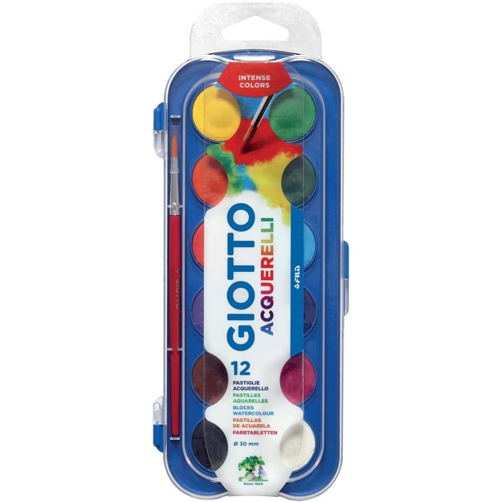Акварелни бои GIOTTO, ф 30 мм, 12 цвята + четка