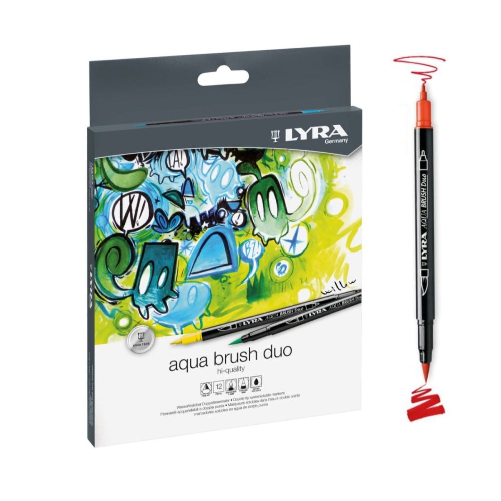 Акварелни двувърхи маркери LYRA aqua brush duo, объл връх и четка, 12 цвята