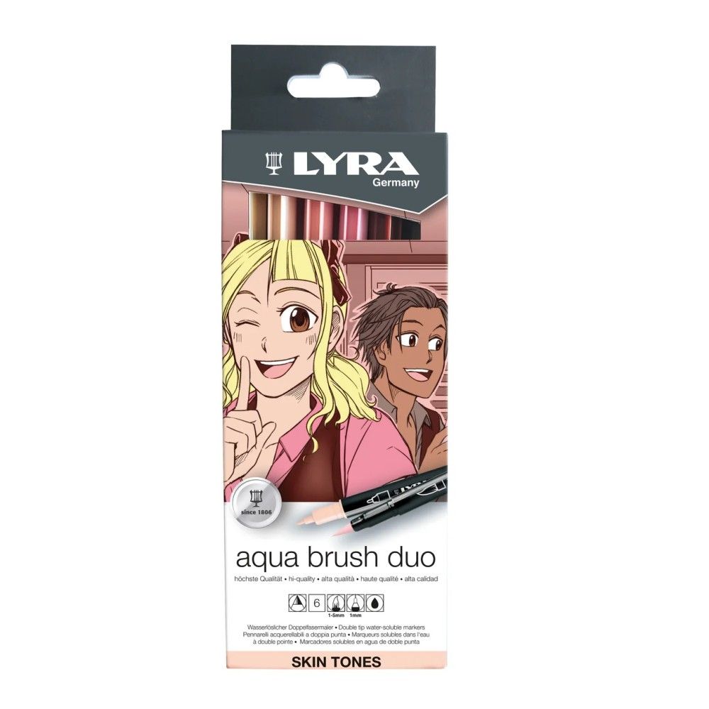 Акварелни двувърхи маркери LYRA aqua brush duo SKIN TONES, объл връх и четка, 6 цвята