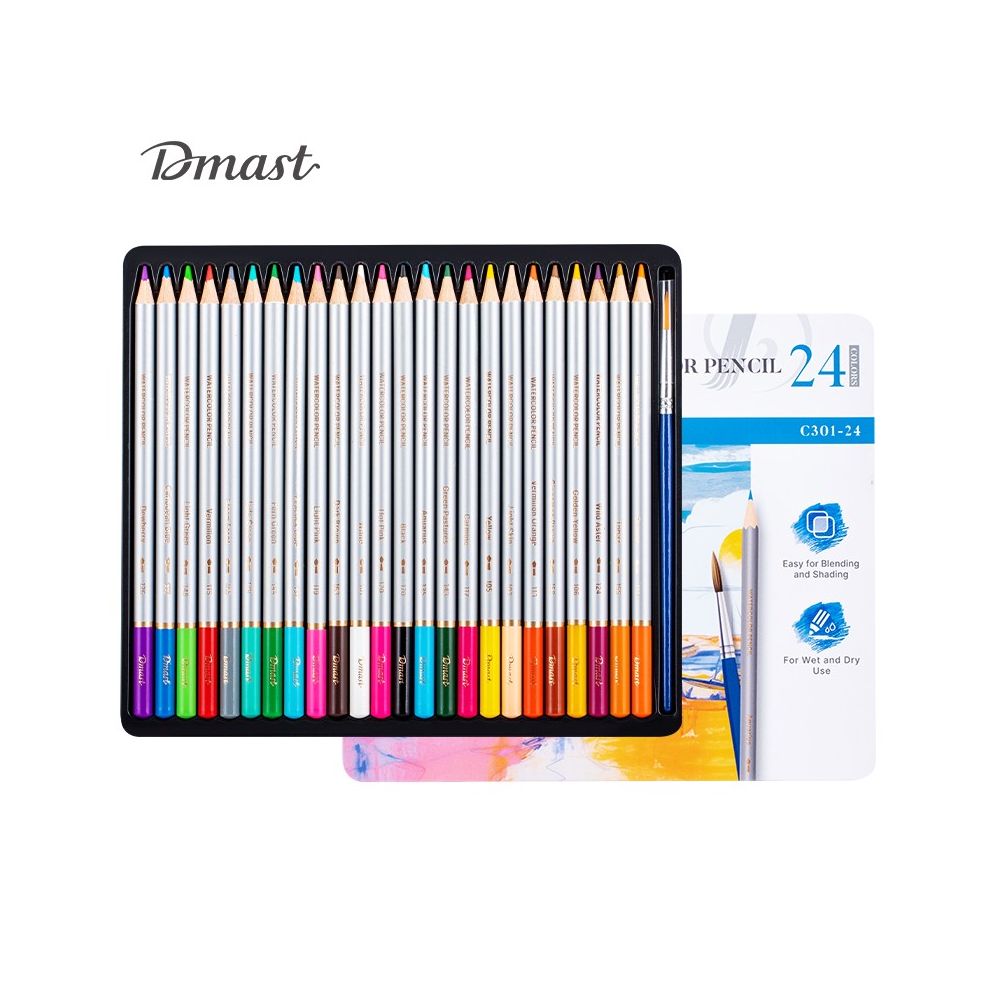 Акварелни цветни моливи Deli Dmast EC301-24, кръгло тяло, 24 цвята + четка, в метална кутия