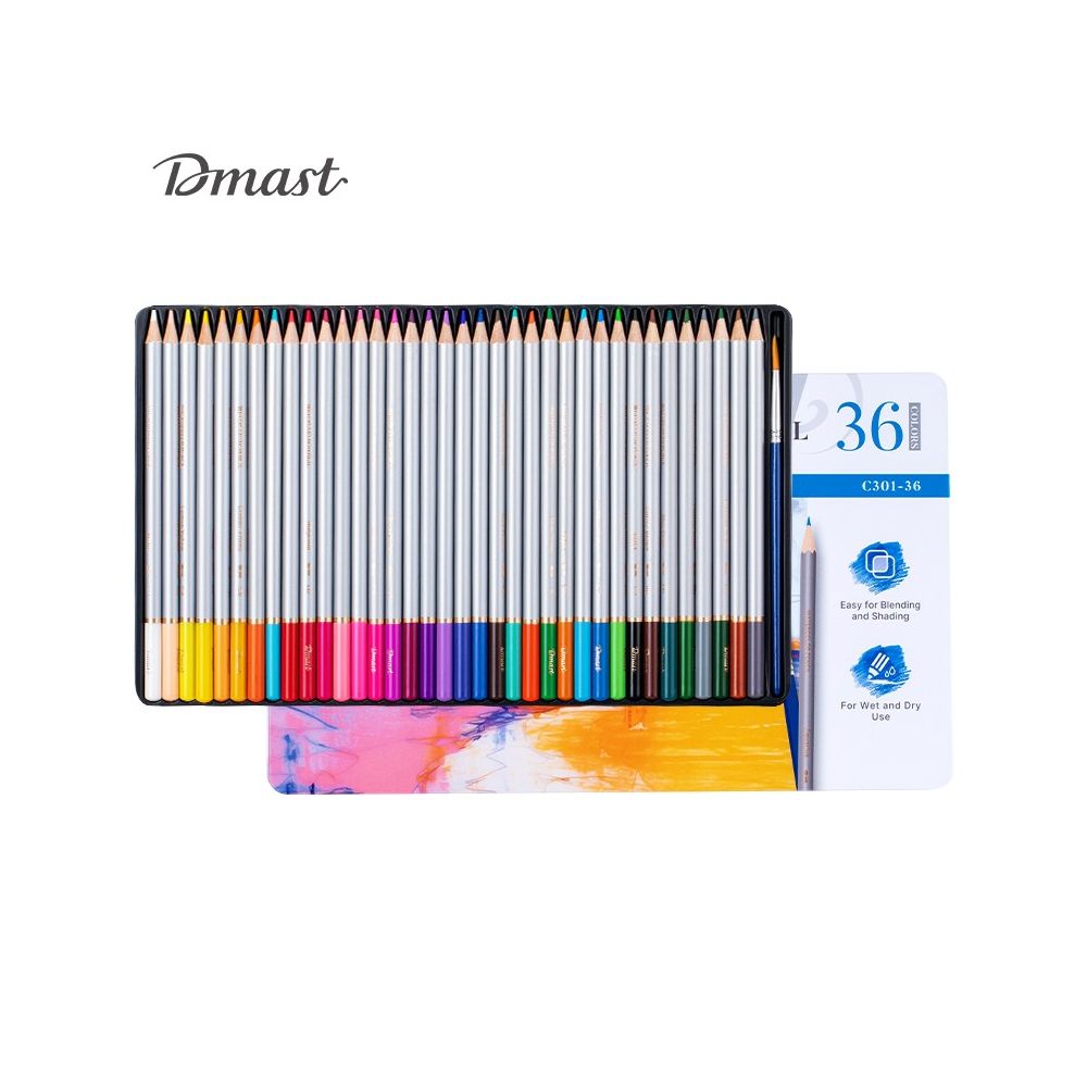 Акварелни цветни моливи Deli Dmast EC301-36, кръгло тяло, 36 цвята + четка, в метална кутия