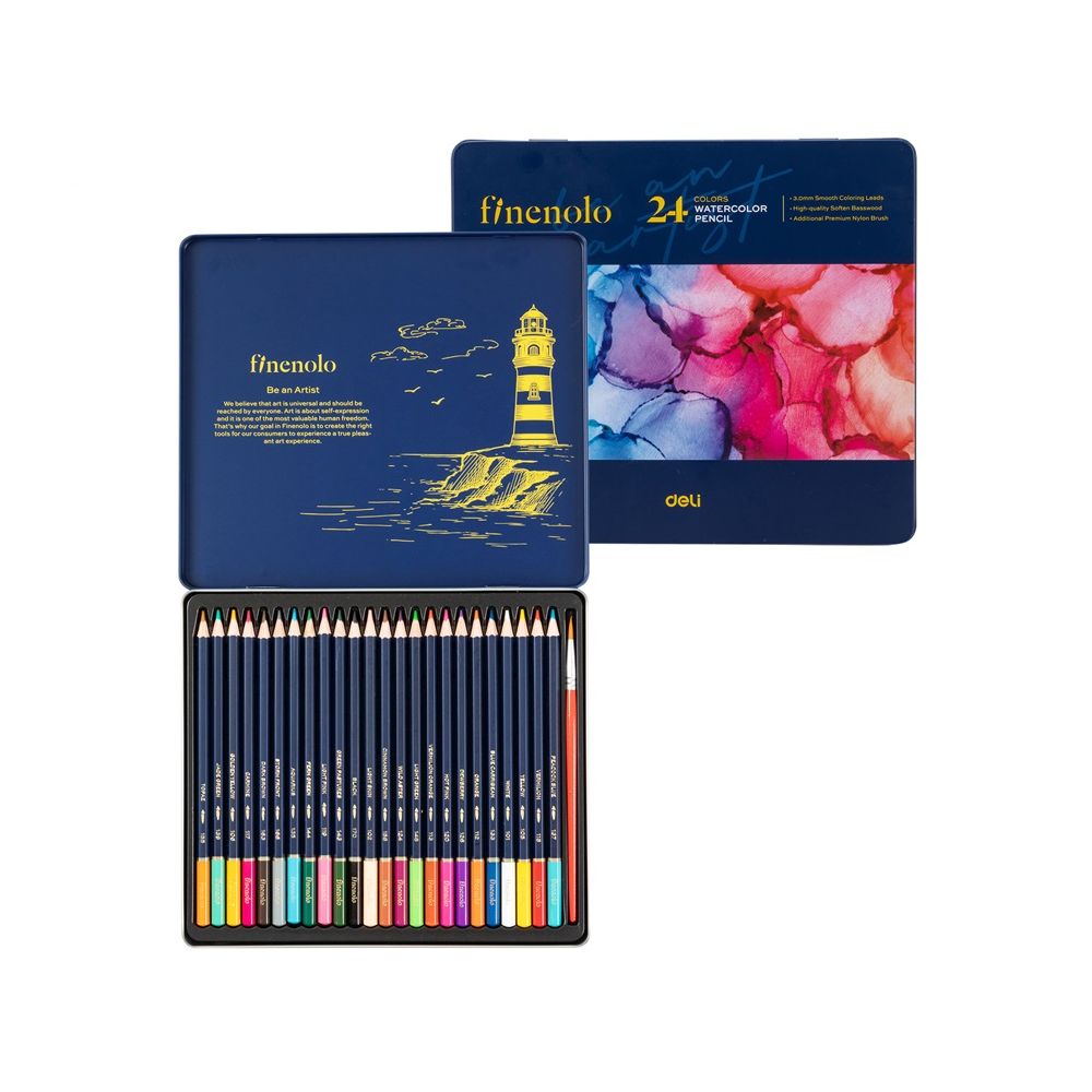 Акварелни цветни моливи Deli Finenolo EC129-24, шестоъгълно тяло, 24 цвята + четка, в метална кутия