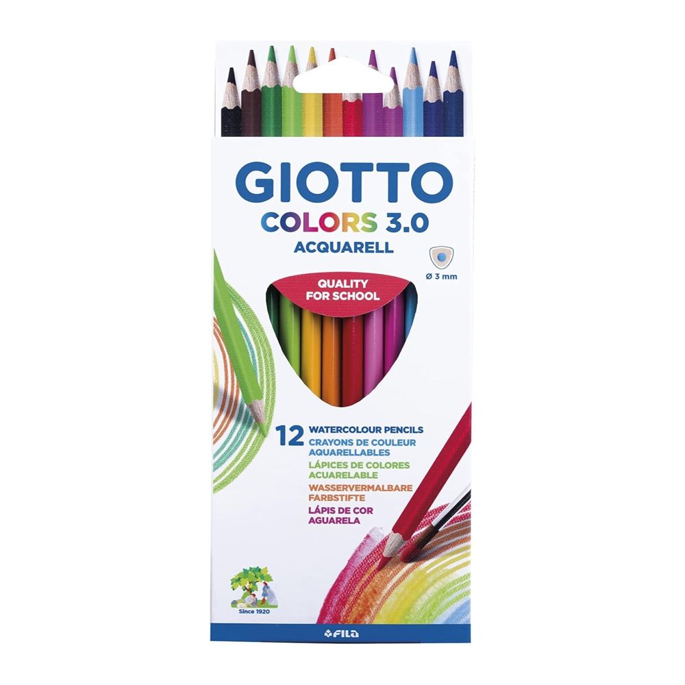 Акварелни цветни моливи GIOTTO COLORS 3.0, триъгълно тяло, 12 цвята