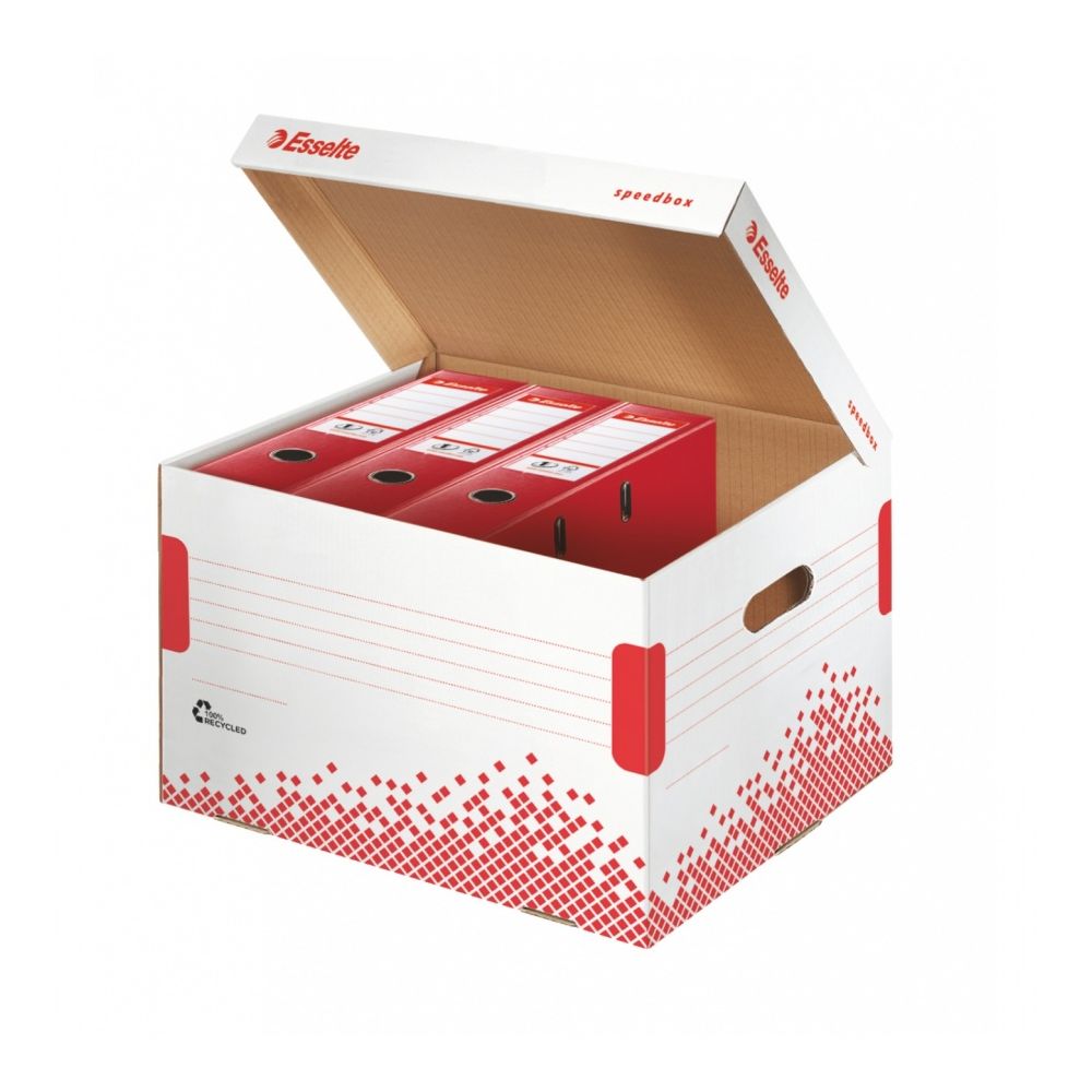 Архивен кашон Esselte Speedbox, 392х301х334 мм, рециклирано велпапе, с дръжки, 5 класьора 75 мм, бял