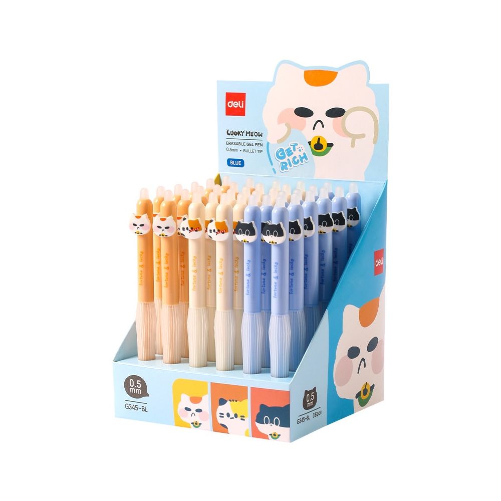 Автоматична изтриваема химикалка Deli Lucky Meow EG345-BL, с грип, 0.5 мм, синя