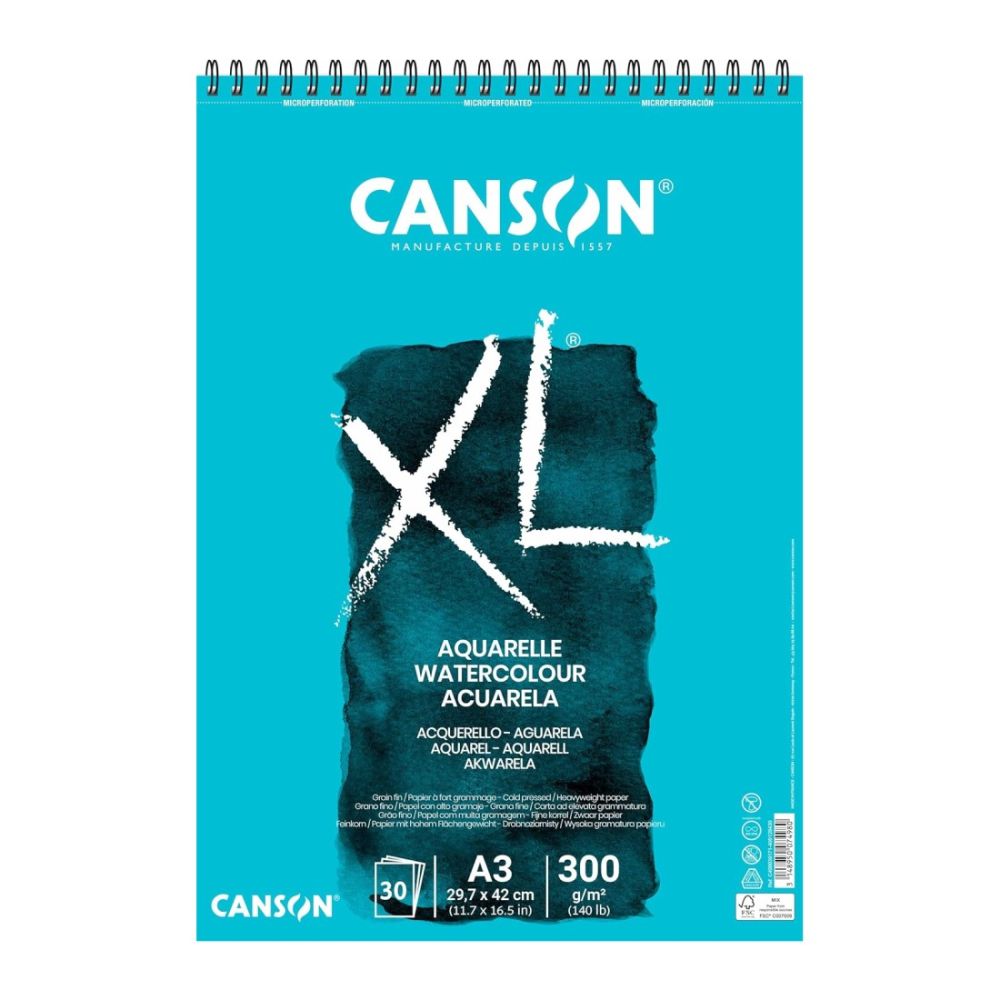 Скицник със спирала CANSON XL Aquarelle, за мокри техники, A3, 300 г/кв.м, cold pressed, 30 л.