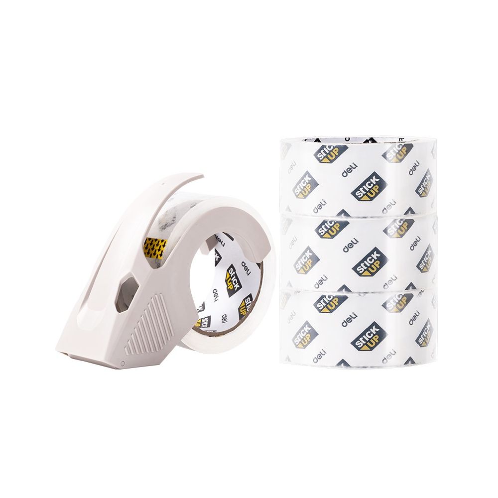 Безшумна опаковъчна лента Deli Stick Up EA695, BOPP 55 mic, 48 мм х 60 м, 4 бр. + машинка