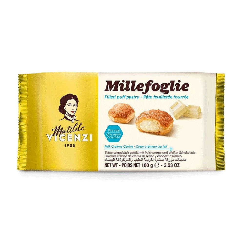 Бисквити MILLEFOGLIE, с млечен крем и бял шоколад, 100 г