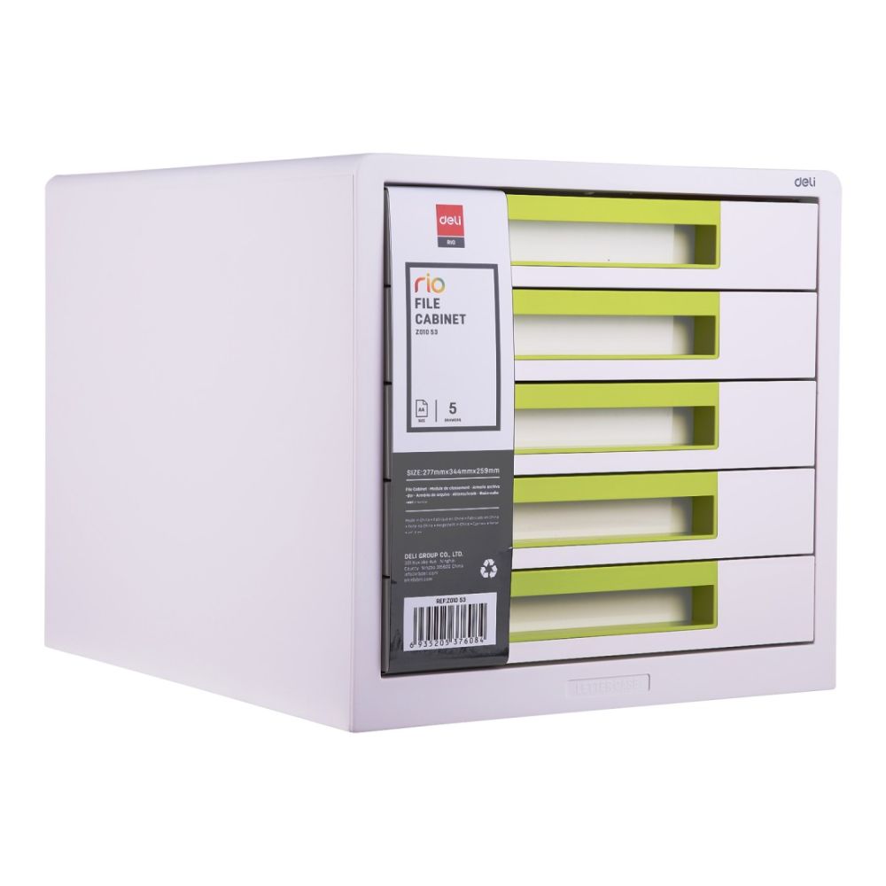 Бокс с 5 чекмеджета Deli Rio, EZ01053, 277x344x259 мм, PP, сиво и зелено