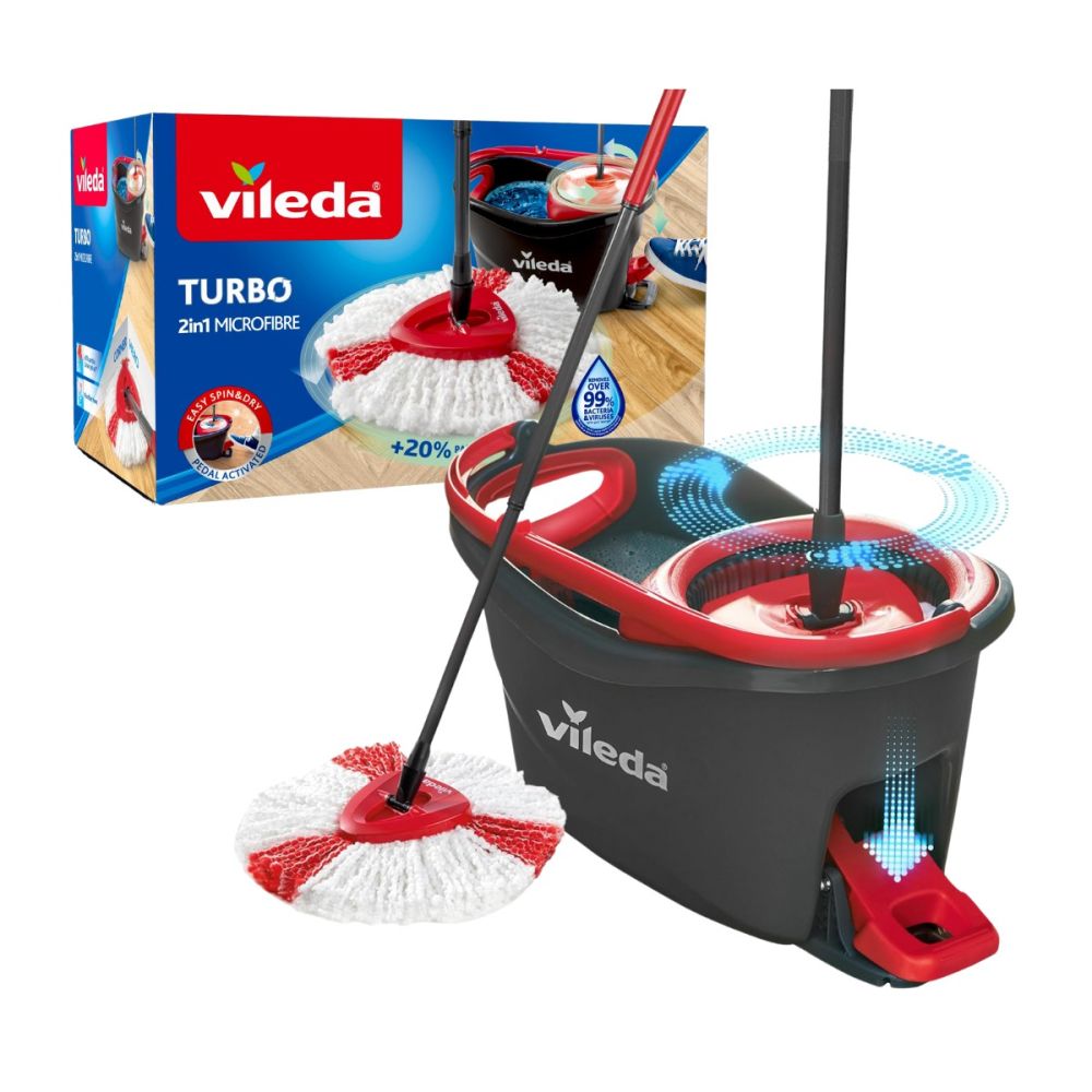 Комплект за почистване 2 в 1 VILEDA Turbo Box, моп с дръжка + кофа с педал Комплект за почистване 2 в 1 VILEDA Turbo Box, моп с дръжка + кофа с педал